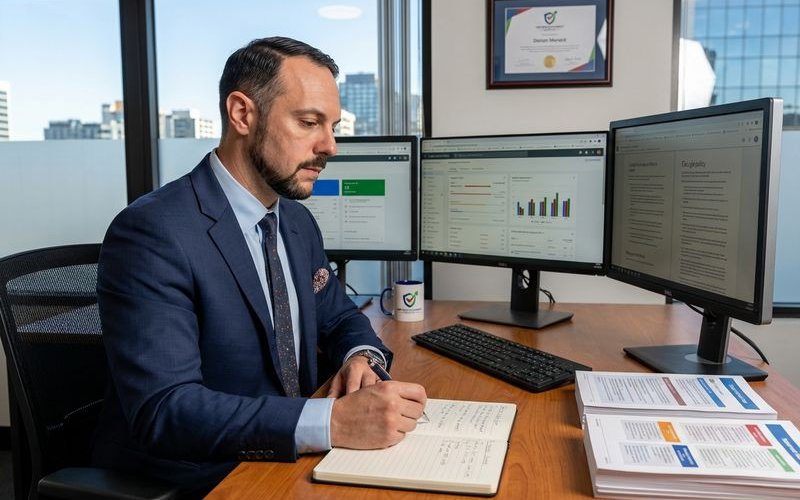 Expert reviewing suspension case on multiple monitors