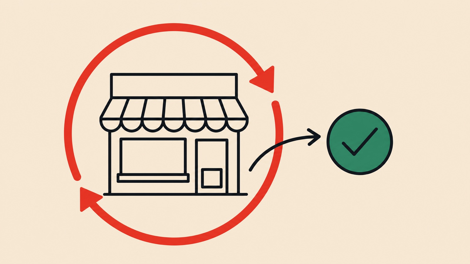 Line illustration of a storefront caught in a red appeal loop with an arrow escaping to a green check